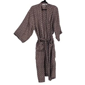 Vintage 90s Cezar 100% Silk Geometric Kimono Robe OS Red Navy Luxury Art Deco